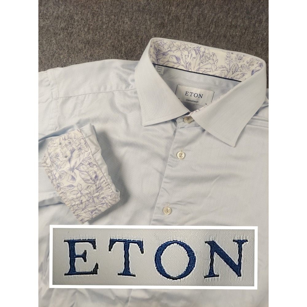 Eton Dress Shirt Mens 16 Contemporary Fit Blue Floral Flip Cuff Formal Comfort